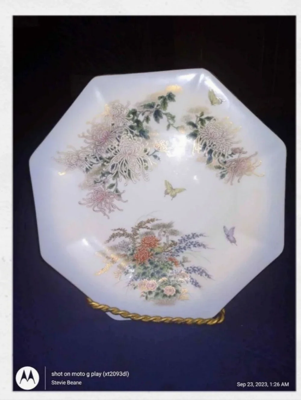Octagonal Floral Decorative Porcelain Plate with Butterflies